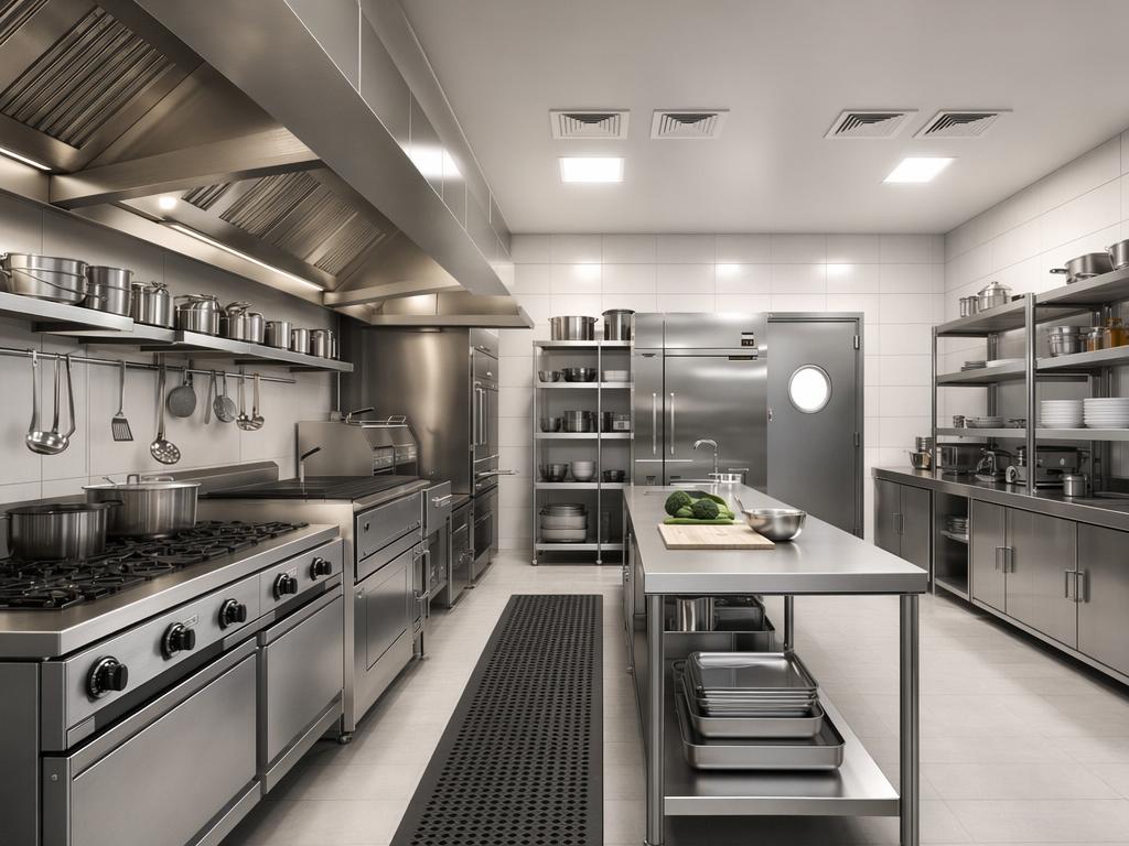 Render 3D de cocina industrial